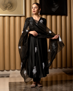 Indian Women Wearing Leather Black Handpainted Suit Set